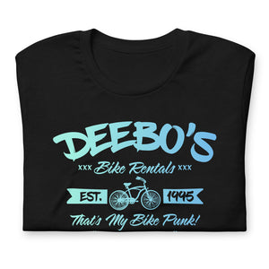 "DEEBO's Bike Rentals" Unisex t-shirt (green/blue)
