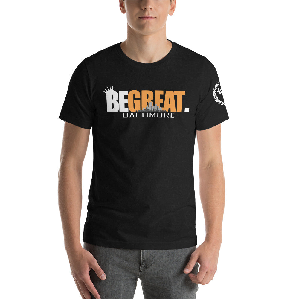 "BE GREAT" (B-More) unisex t-shirt (Wht/Org)