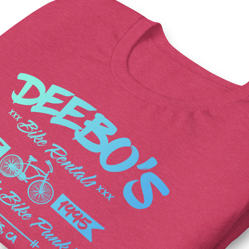 "DEEBO's Bike Rentals" Unisex t-shirt (green/blue)